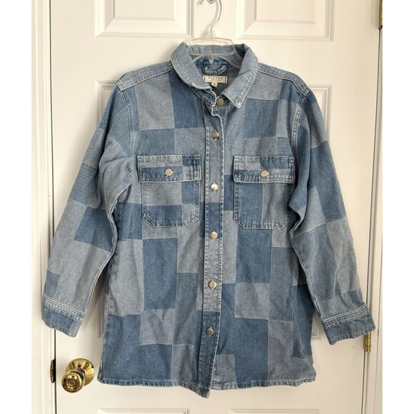 WOMEN'S SIZE MEDIUM JACKETS DEMIN SHIRT PATCHWORK BLUE LONG SLEEVE SHACKET 208 - Picture 1 of 5